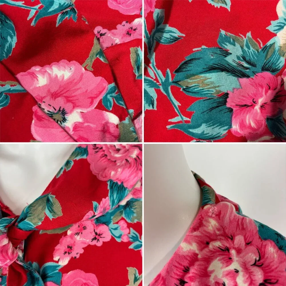 Vintage 90s Floral Blouse Women's Medium Red Pink Print Rayon Necktie Top - Picture 10 of 11
